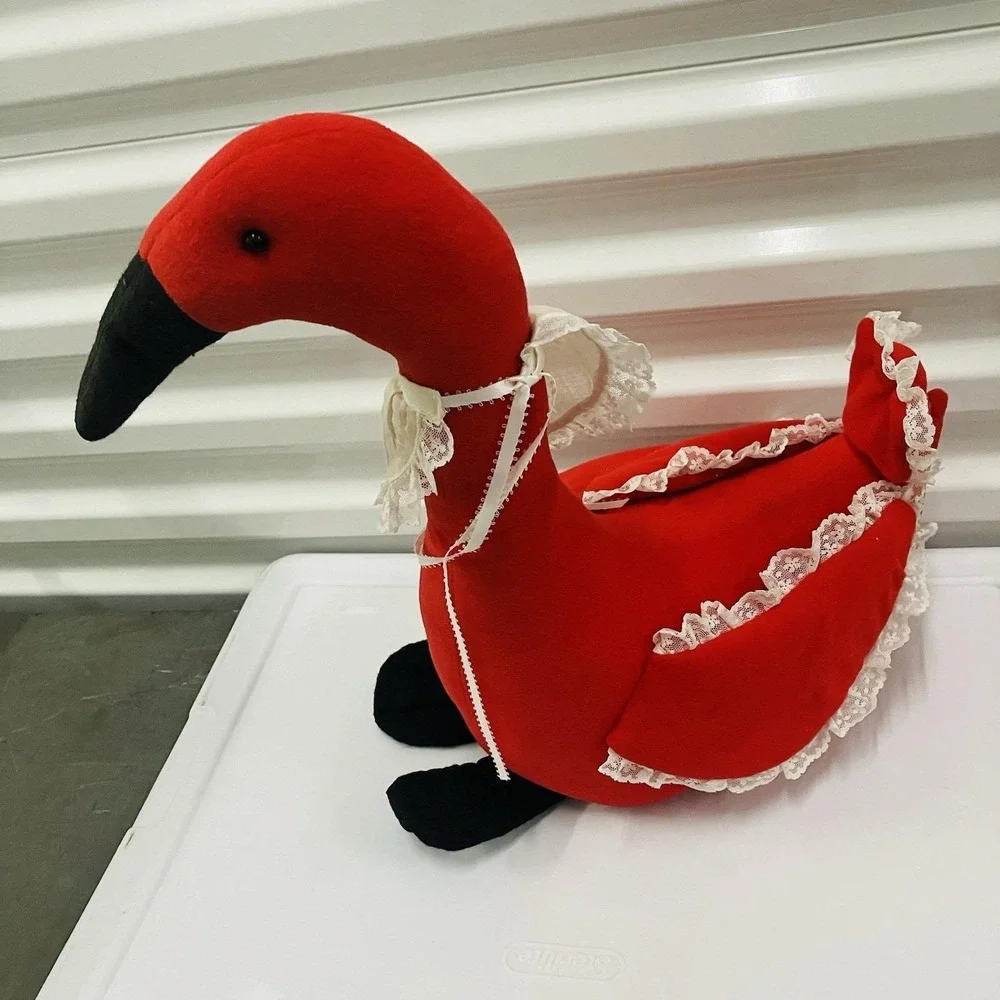 VTG Plush Porch Goose Door Stopper Decor Red Apron Prairie Lace Trim Duck